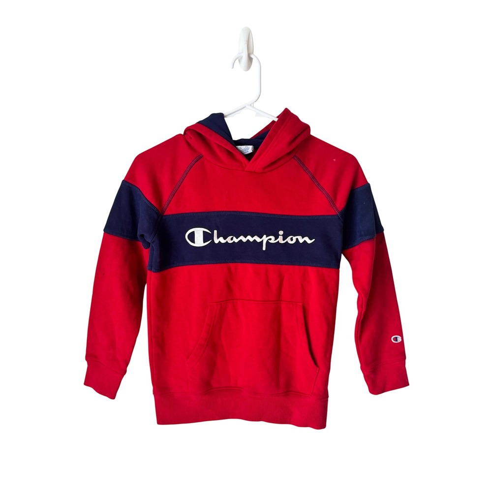 Champion Kids Red Navy Blue Colorblock Embroidered Logo Pullover Hoodie Size 8 M